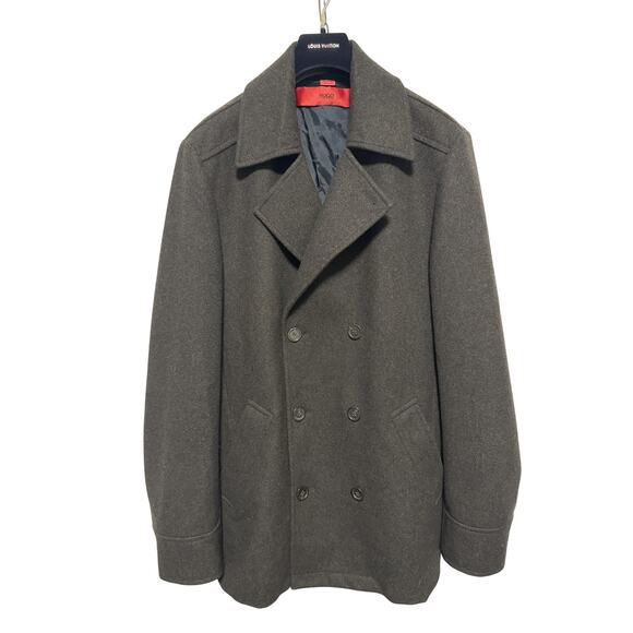 Hugo Boss HUGO Coat Mens XL Brown Wool Blend Peacoat Double Breasted Classic - Picture 1 of 16